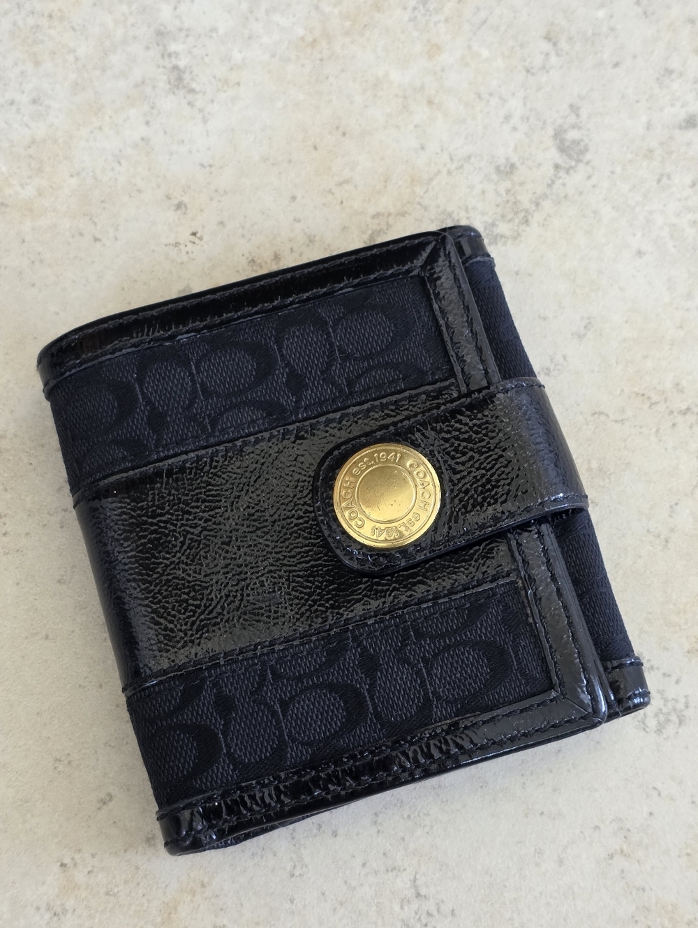 Coach Black Signature Canvas & Patent Leather Snap Card Holder